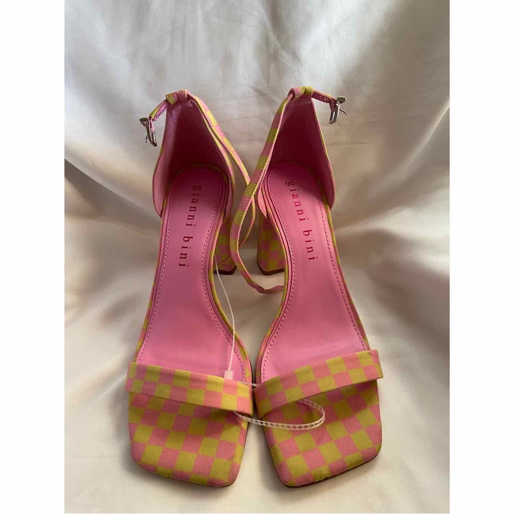 Gianni Bini Pink and Yellow Checkered Ankle Strap Heels